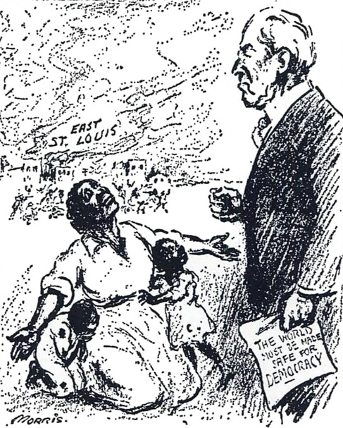 A political cartoon about the East Saint Louis massacre of 1917. The original caption read, "Mr. President, why not make America safe for democracy?" That referred to U.S. President Woodrow Wilson's catch-phrase ("The world must be made safe for democracy") to convince the U.S. Congress to declare war on Germany, allowing the United States to become a combatant in World War I / credit: William Charles Morris for the New York <em>Evening Mail</em>