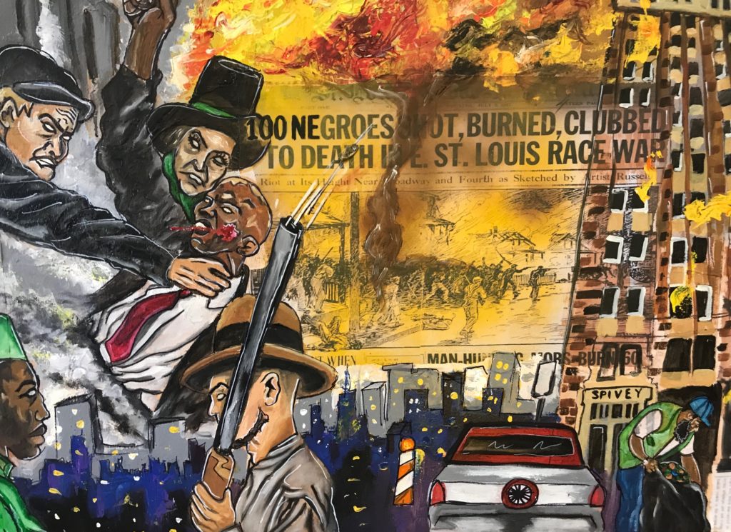 Photograph of Mykael Ash's painting that depicts the 1917 East Saint Louis Massacre / credit: Frances Madeson