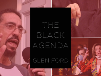 Clockwise from top right: Former U.S. Secretary of State Colin Powell holding an alleged vial of anthrax powder obtained from Iraq that he later admitted to be false; members of the U.S. Congress wearing Kente cloth (bottom right); Black Agenda Report founding executive editor Glen Ford (left); and the cover of Ford's book, The Black Agenda (center)