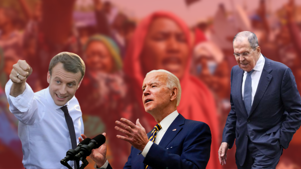Left to right: French President Emmanuel Macron, U.S. President Joe Biden and Russian Foreign Minister Sergey Lavrov. Background: Sudanese protest in July 2022 / Photo illustration: Toward Freedom