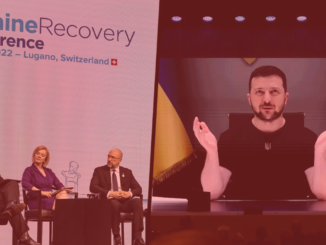 On left, speakers at the Ukraine Recovery Conference held July 4-5 in Lugano, Switzerland. On right, Ukrainian President Volodomyr Zelensky / credit: Multipolarista