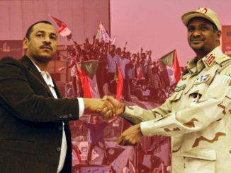 Foreground: Ahmed Rabee for the Forces for Freedom and Change and Transitional Military Council (TMC) Deputy Chairman Lt. Gen. Mohamed Hamadan ‘Hemeti’ on behalf of the TMC at a signing ceremony at the Corinthia Hotel in Khartoum, Sudan, in July 2019 (credit: SUNA). Background: Protest in Sudan in November 2019 (credit: Abbasher / Wikipedia / photo illustration: Toward Freedom