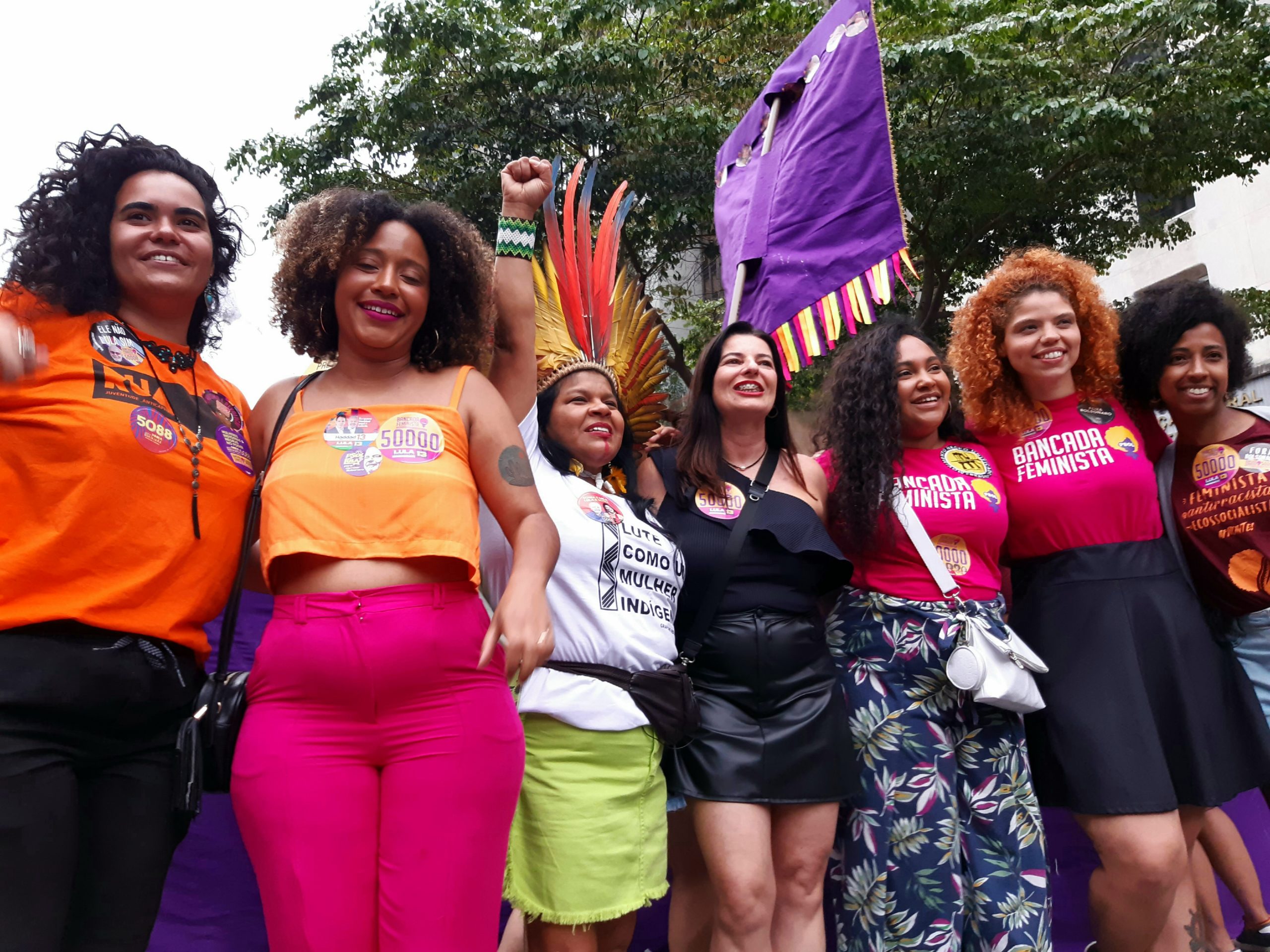 Sônia Guajajara (third from left), an Indigenous-rights campaigner and federal deputy candidate who supports the presidential campaign of the Workers' Party's Luiz Inácio "Lula" Da Silva. Here, she appears with other feminist campaigners at a left-wing rally in São Paolo the day after Socialist and Liberty Party (PSOL) candidate for the Brazilian Chamber of Deputies Guilherme Boulos and PSOL candidate for São Paolo state deputy Ediane Maria were threatened with a gun by a Bolsonaro supporter earlier this month / credit: Richard Matoušek