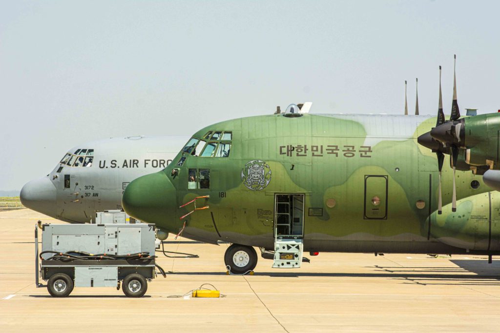 A C-130 Hercules aircraft from the Republic of Korea Air Force sits on the flight line at Rosecrans Air National Guard Base, St. Joseph, Missouri, May 12, 2022. C-130s from the ROKAF, Little Rock Air Force Base, and Dyess AFB were attending the Advanced Airlift Tactics Training Center’s Advanced Tactics Aircrew Course. The AATTC provides aircrew training to international partners / credit: Michael Crane / U.S. Air National Guard