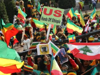 Ethiopians in Lebanon take to the streets to protest against U.S. and Western meddling on Horn of Africa / credit: Twitter / Xinhua News