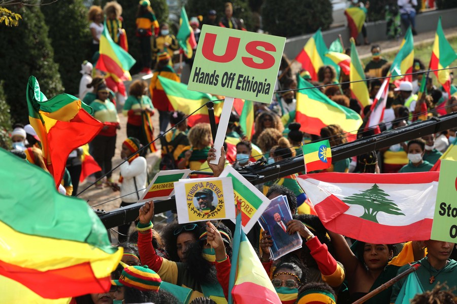 Ethiopians in Lebanon take to the streets to protest against U.S. and Western meddling on Horn of Africa / credit: Twitter / Xinhua News