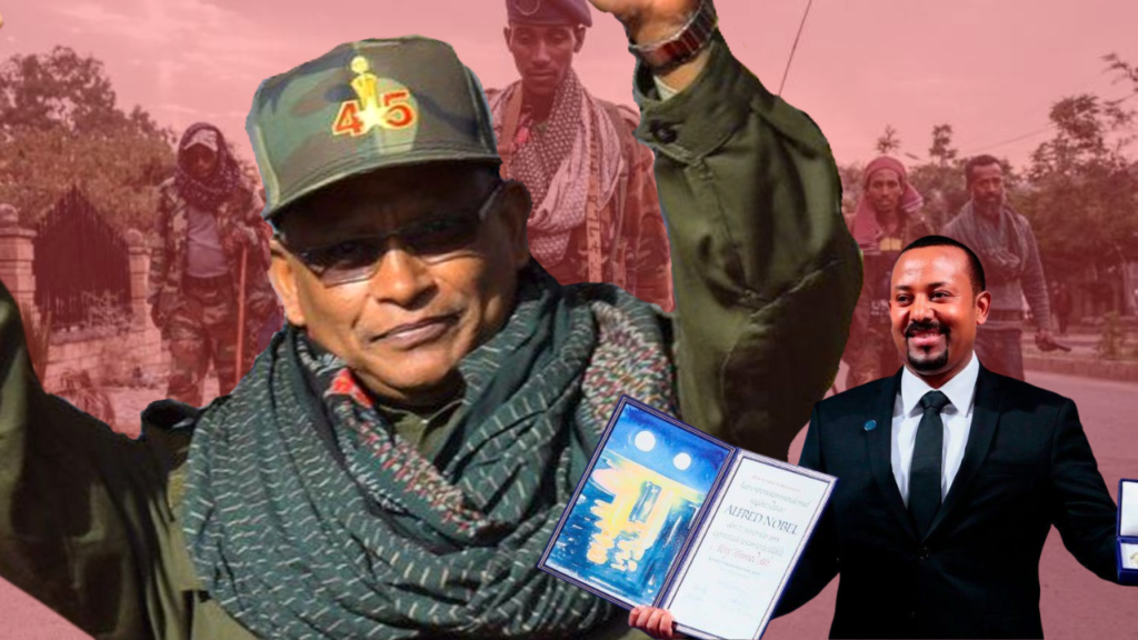 Tigray People's Liberation Front fighters arrive June 29, 2021, in Mekele, the capital of Ethiopia's Tigray region. On left: TPLF Chairman Debretsion Gebremichael. On right: Ethiopian President Abiy Ahmed winning the Nobel Peace Prize in October 2019 / photo illustration: Toward Freedom