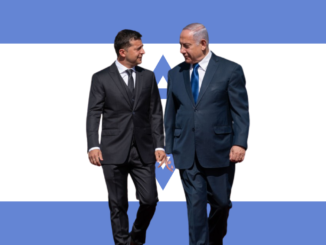 Ukrainian President Volodomyr Zelensky (left) with former Israeli Prime Minister Benjamin Netanyahu. Background: Israeli flag / credit: Toward Freedom photo illustration