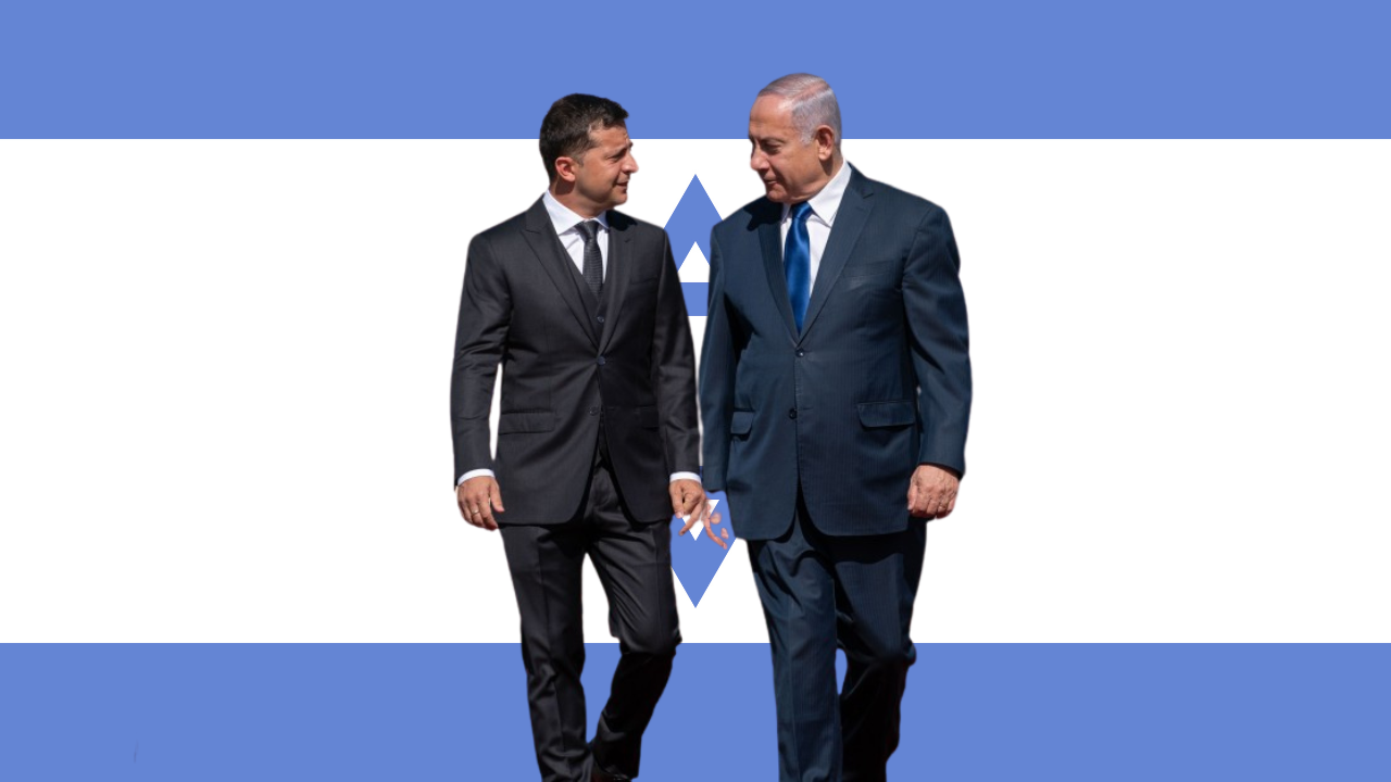 Ukrainian President Volodomyr Zelensky (left) with former Israeli Prime Minister Benjamin Netanyahu. Background: Israeli flag / credit: Toward Freedom photo illustration