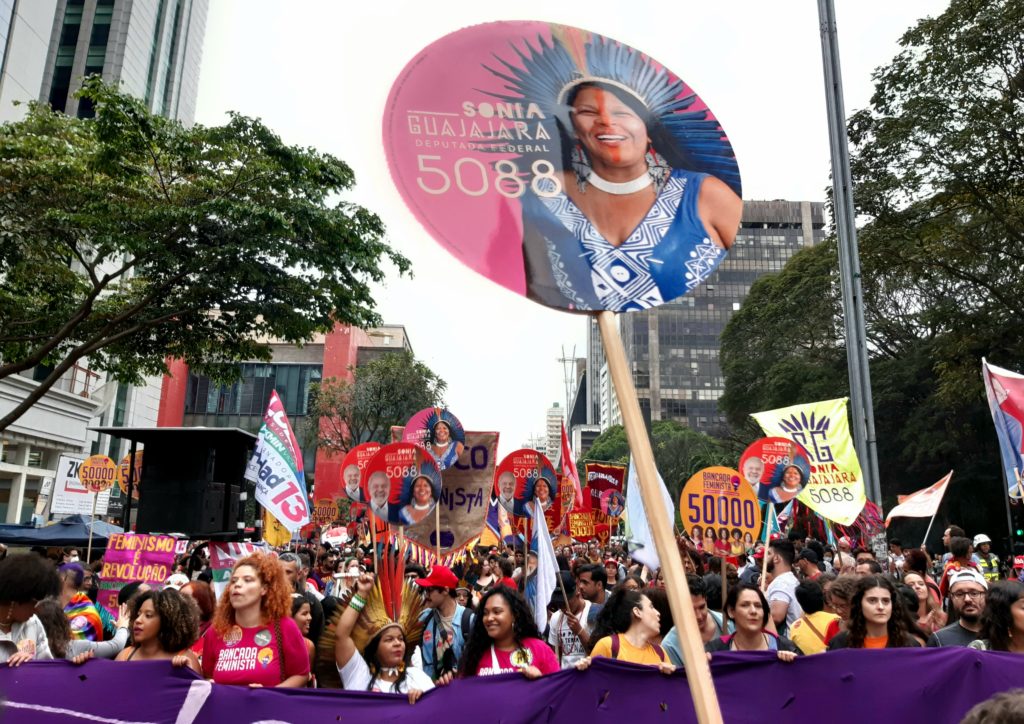 Sonia Guajajara, an Indigenous rights campaigner who was elected this autumn to be a federal lawmaker from the Brazilian state of São Paolo, marched in September with a feminist bloc at a left-wing rally the day after a Bolsonaro supporter threatened two other candidates with a gun / credit: Richard Matoušek