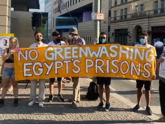 Demonstrators in Berlin, Germany, gathered on August 8 to protest Egypt’s attempts to greenwash crimes with the upcoming COP27 conference / credit: Twitter / FreedomForAlaa