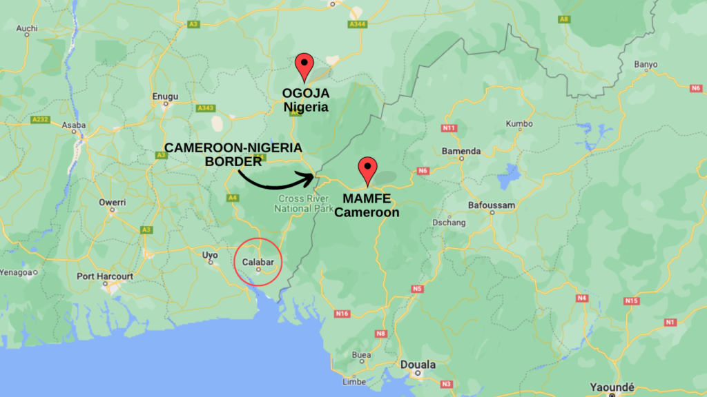 Map of Cameroon-Nigeria border depicting cities of Calabar, Mamfe and Oguja / map: Google, illustration: Toward Freedom