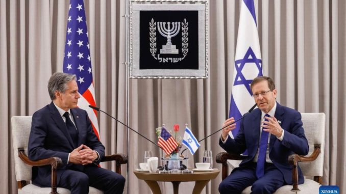 Israeli President Isaac Herzog (right) with U.S. Secretary of State Antony Blinken in Jerusalem, on January 30 / credit: Olivier Fitoussi / JINI via Xinhua
