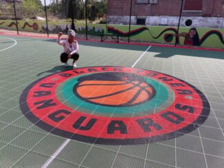 A community basketball court named, "Black Power Vanguard Basketball Court," finished construction in 2022 in the majority-Black north side of Saint Louis, Missouri, as part of Black Power Blueprint / credit: Burning Spear