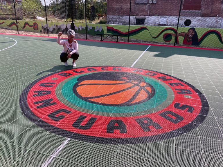 A community basketball court named, "Black Power Vanguard Basketball Court," finished construction in 2022 in the majority-Black north side of Saint Louis, Missouri, as part of Black Power Blueprint / credit: Black Power Blueprint