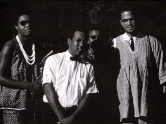 Maya Angelou, Julian Mayfield, unidentified person and Malcolm X in Ghana.