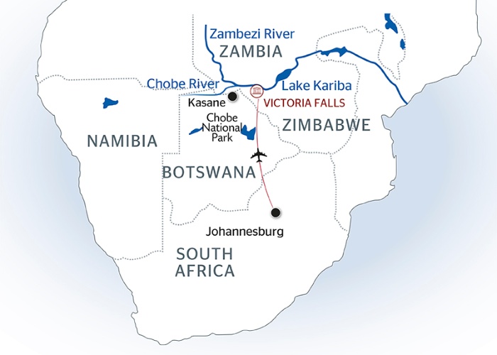 Map of Lake Kariba and the Zambezi River's path through southern Africa / famnews.com