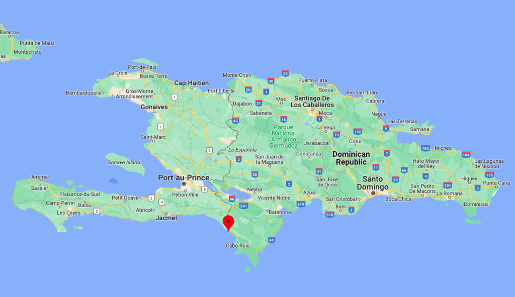 The red dot indicates the location of the border towns of Anse-A-Pitres in Haiti and Pedernales in the Dominican Republic / source: Google Maps