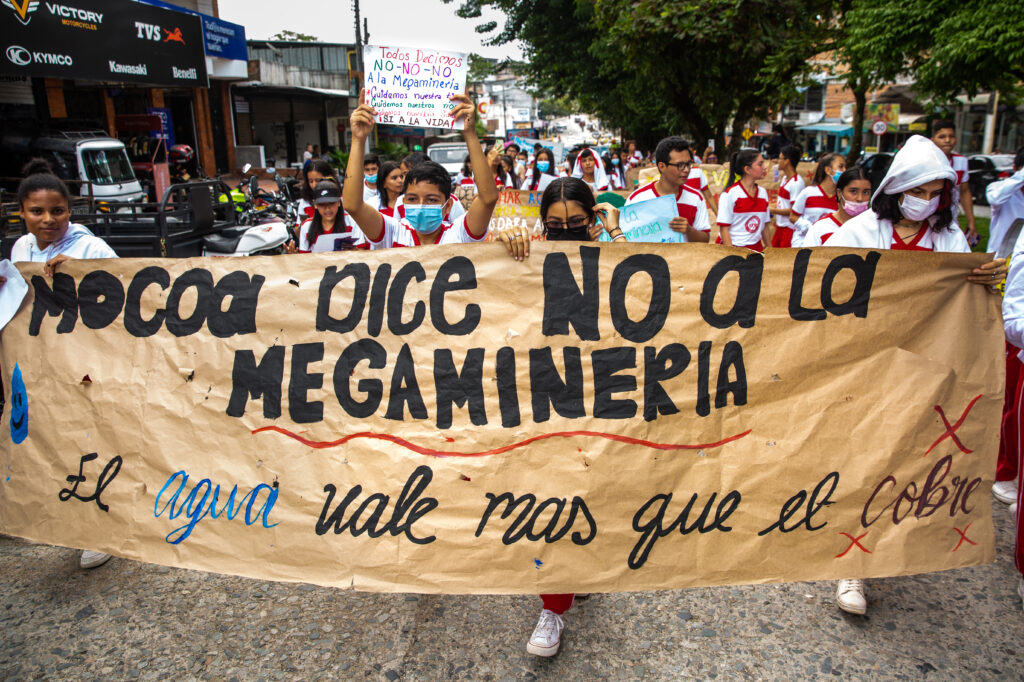 A demonstration in March 2022 against Canada-based mining company Libero Copper and Gold in Mocoa, the capital of the Putumayo department in Colombia. The march initiated a four-day event called the Festival in Defense of the Mountain, Water and Life, held to protest the company's copper mining project / credit: Antonio Cascio